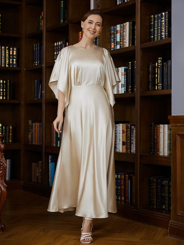 Robes de mère de la mariée en satin soyeux froncé, manches 1/2, longueur cheville